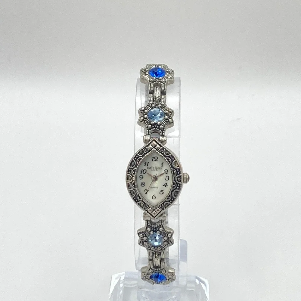Vtg LA Express Women's Watch MISSING STONE Silver Tone Blue Crystals New Battery